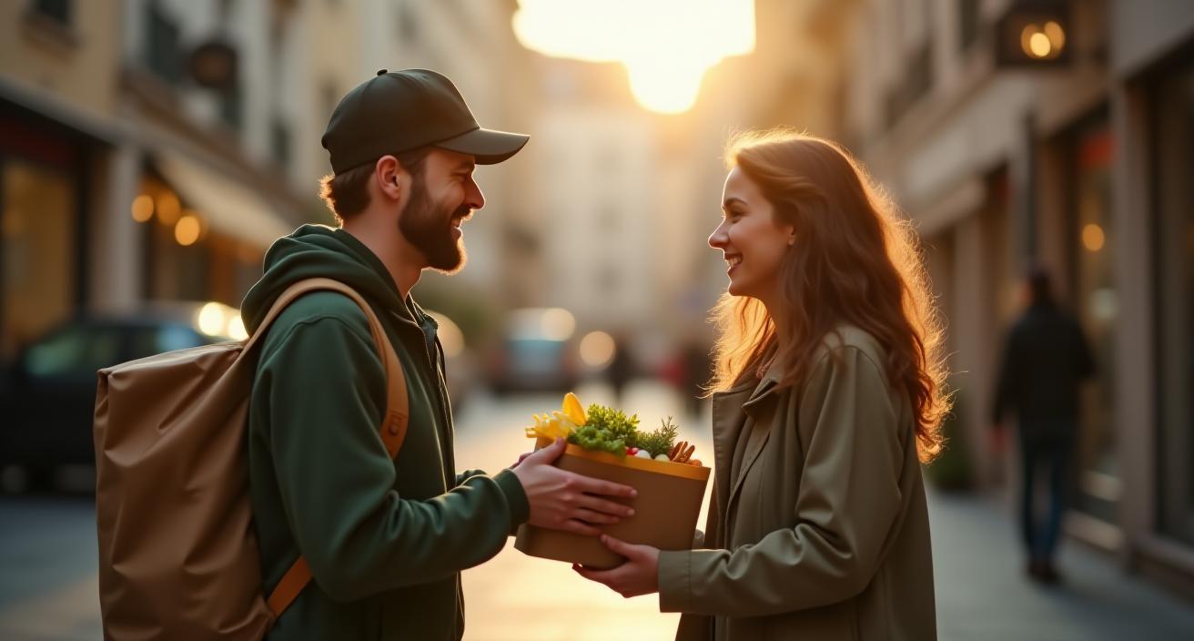 Livreur souriant remettant un sac repas à une cliente à Lyon